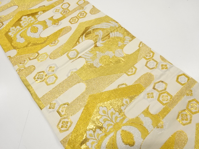 アンティーク　ヱ霞に松喰い鶴・桐模様織り出し丸帯（材料）